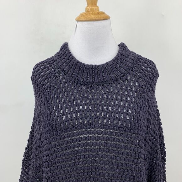 Moth Open Knit Tunic Sweater Womens L Navy Pullover 3/4 Sleeves High Crew Neck - Picture 3 of 11